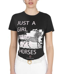 T-shirt da donna slim fit in cotone a manica corta con stampa e scritta rosa Horse Love  