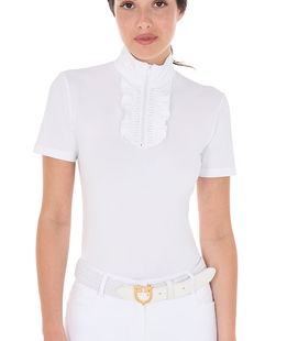 Polo da concorso per donna slim fit in tessuto tecnico con ruches e strass lungo la zip