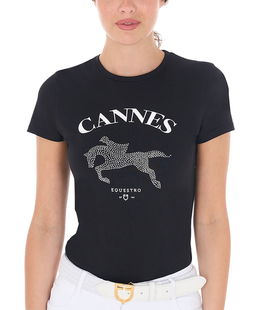 T-shirt da donna in cotone slim fit a manica corta con stampa Cannes e strass