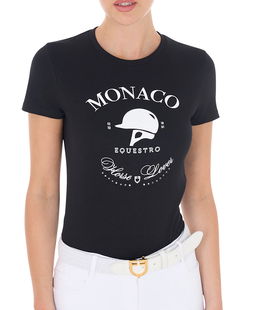 T-shirt da donna slim fit in cotone a manica corta con stampa Monaco e strass