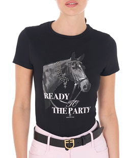 T-shirt da donna slim fit in cotone a manica corta con stampa Ready to the party e strass