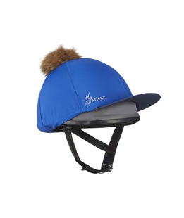 Copricap elasticizzato a 4 vie liscio e setoso con pom pom in pelliccia sintetica staccabile color blu royal