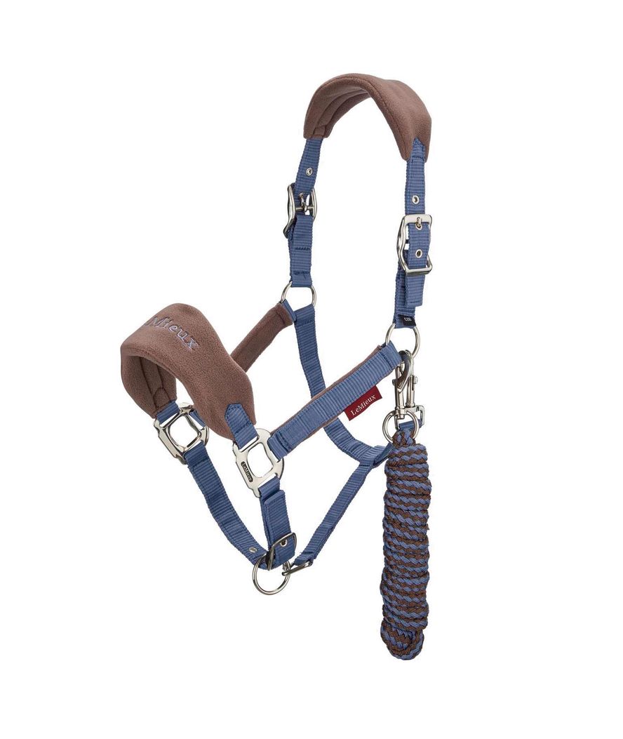 Cavezza con lunghina per cavalli con inserti in morbido pile modello Vogue jay blue