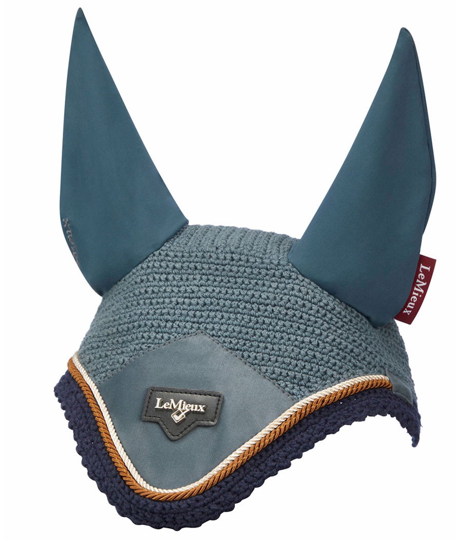 Cuffietta antimosche per cavalli in tessuto satinato con orecchie in lycra modello Loire petrol