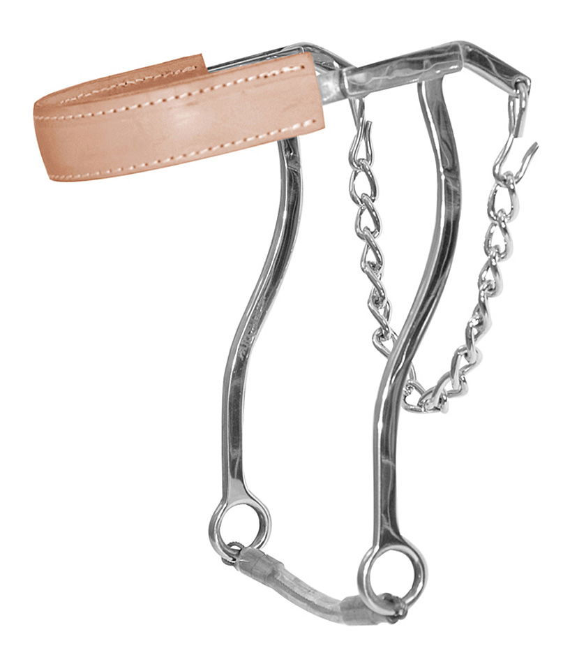 Hackamore in inox ad aste lunghe e noseband rivestita in cuoio