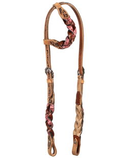 Testiera western in cuoio ad orecchio con decorazioni intrecciate rosa
