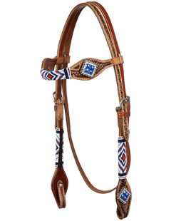 Testiera western in cuoio decorato a rombi con perline blu