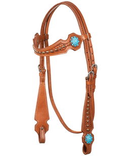 Testiera western in cuoio decorato con pietre blu e fibbie in acciaio 