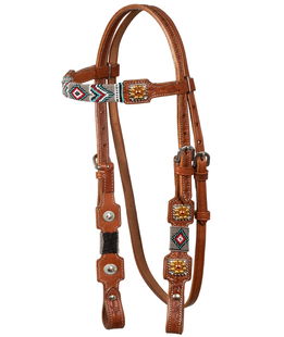 Testiera western in cuoio con decorazione di perline stile navajo