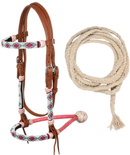 Bosal set in cuoio e rawhide rosa con mecate in cotone e decorato perline