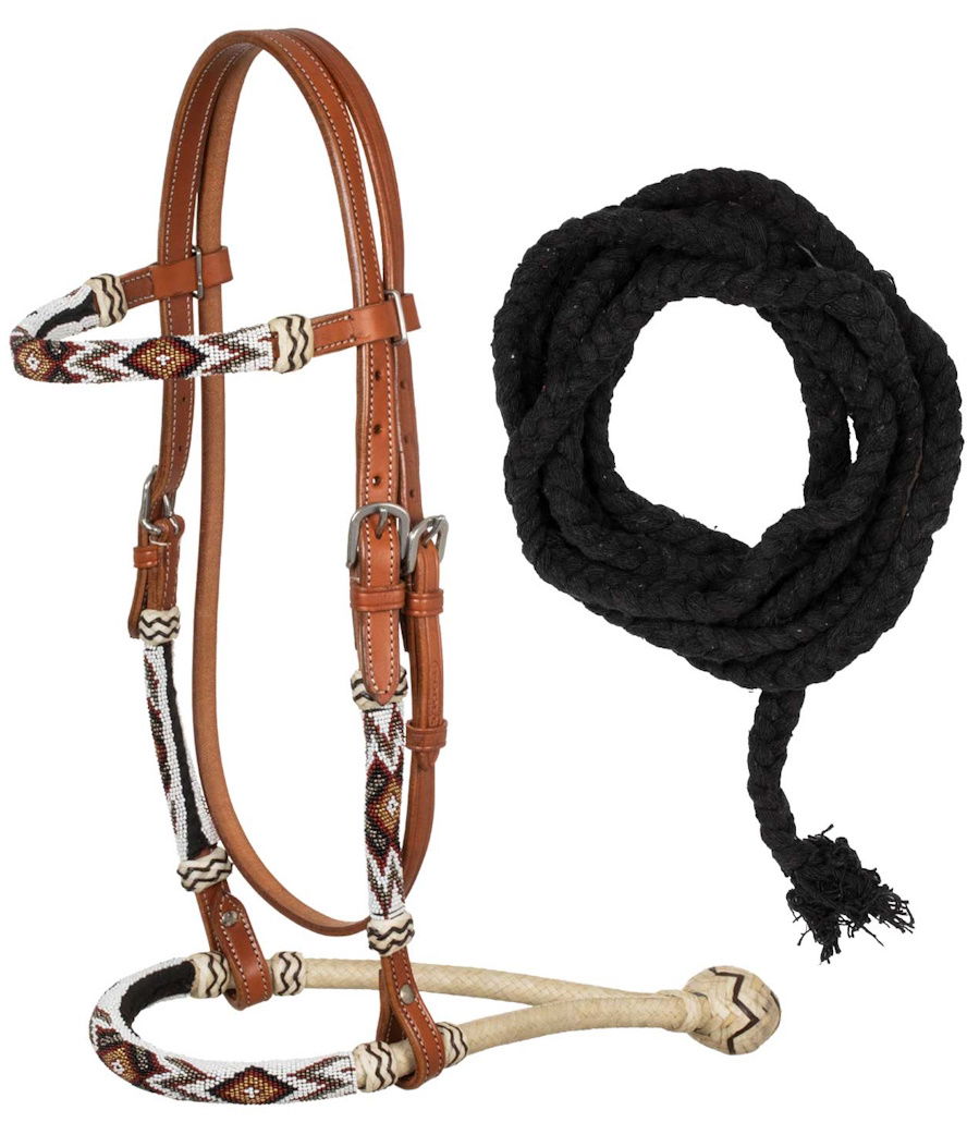 Bosal set in cuoio con mecate in cotone e decorazione di perline