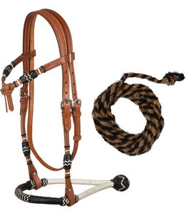 Bosal set in cuoio con mecate in crine e decorazioni in gomma bianco e nero