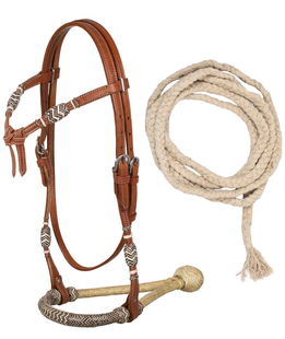 Bosal set in cuoio e rawhide con mecate in cotone e decorazioni con pezzi di cuoio intrecciati