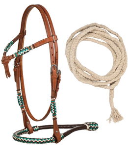 Bosal set western in cuoio decorato con pezzi di cuoio intrecciati e mecate in cotone