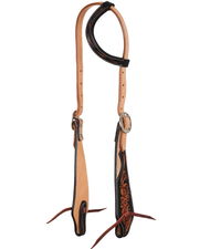 Testiera western ad orecchio in cuoio bicolore con decorazione floreale scura