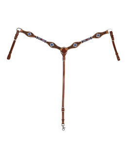 Pettorale western in cuoio decorato a rombi con perline blu