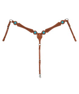 Pettorale western in cuoio decorato con pietre blu e fibbie in acciaio 