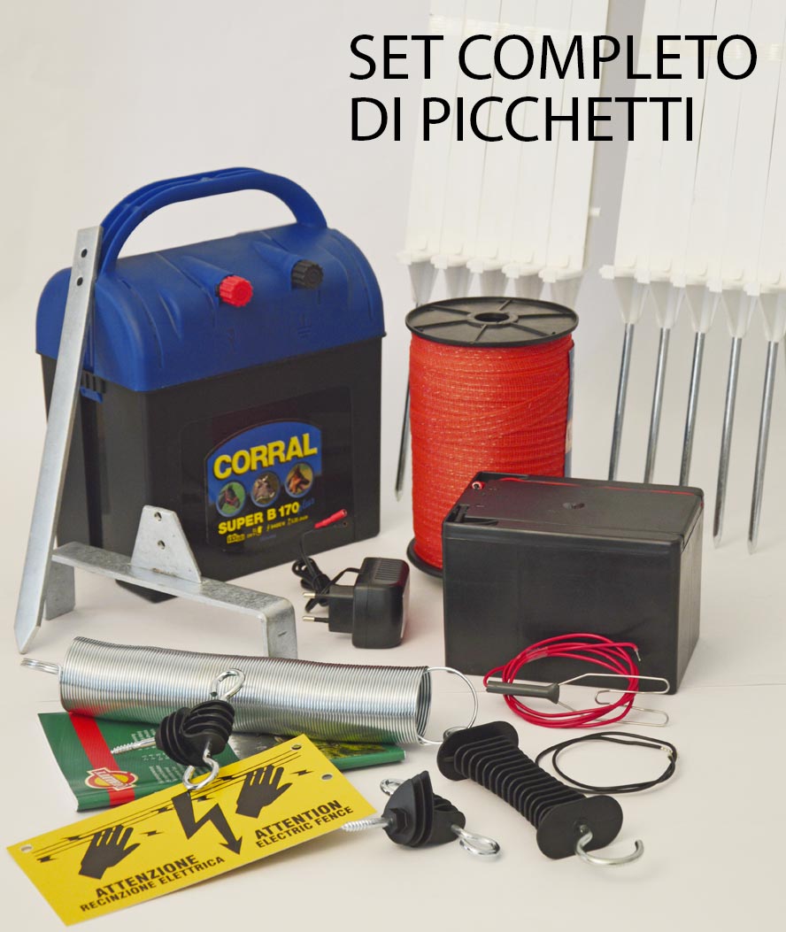 SET RECINZIONE ELETTRICA completa di elettrificatore, fettuccia, barriera con molla per cancello, targa e 20 picchetti