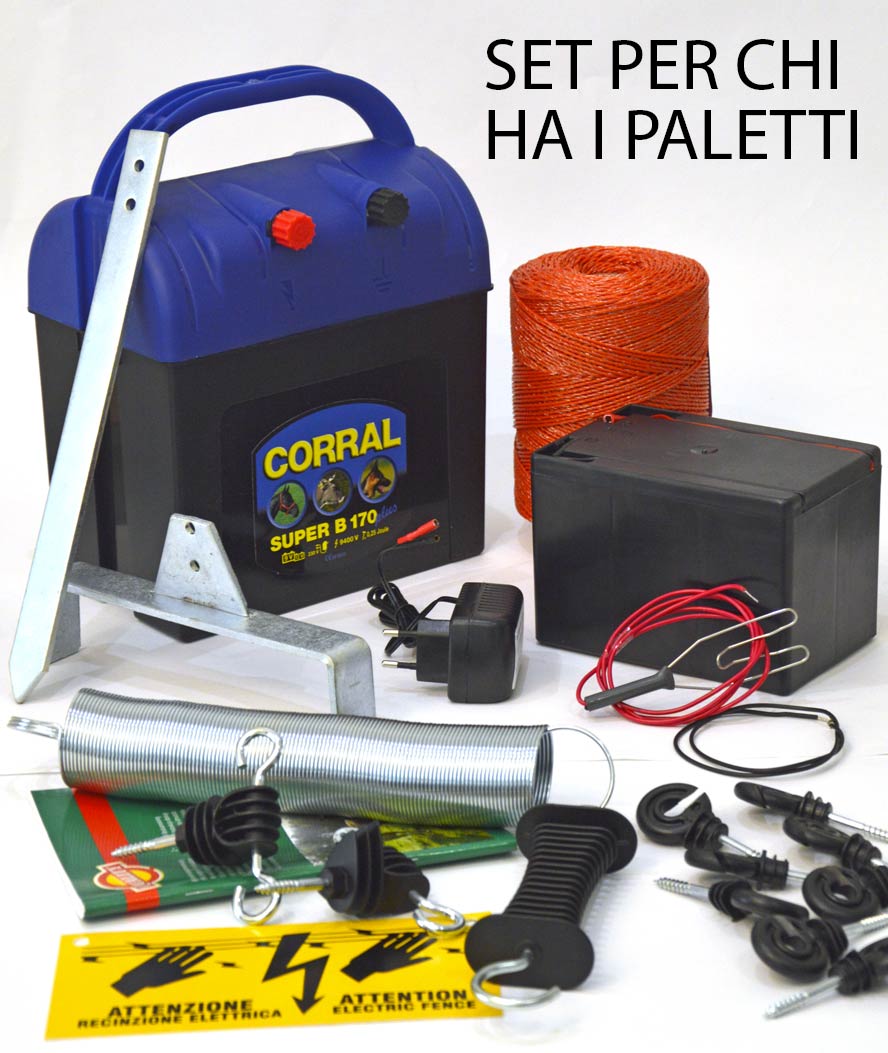 SET RECINZIONE ELETTRICA completa di elettrificatore, filo, barriera con molla per cancello, targa e 25 isolatori