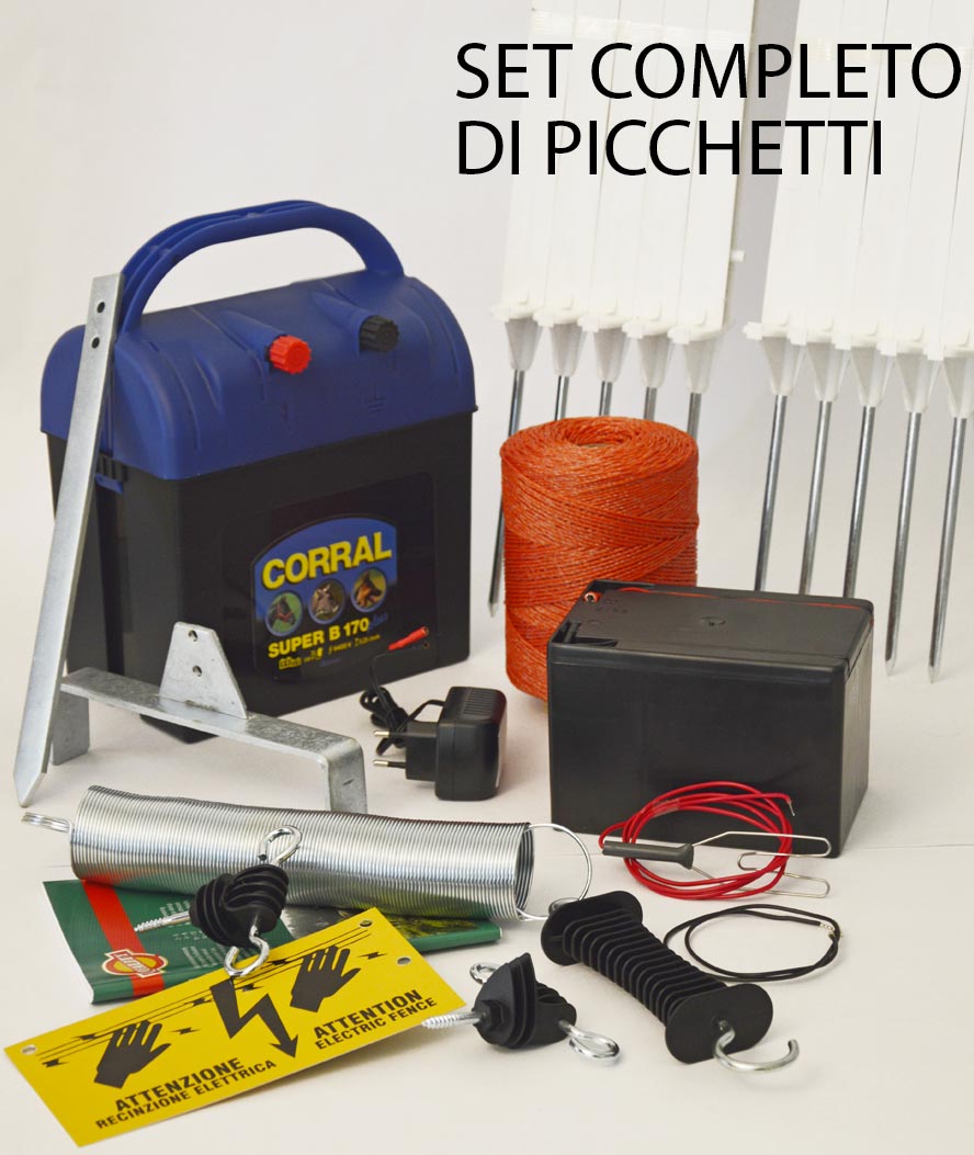 SET RECINZIONE ELETTRICA con elettrificatore, filo, barriera con molla per cancello, targa e 20 picchetti