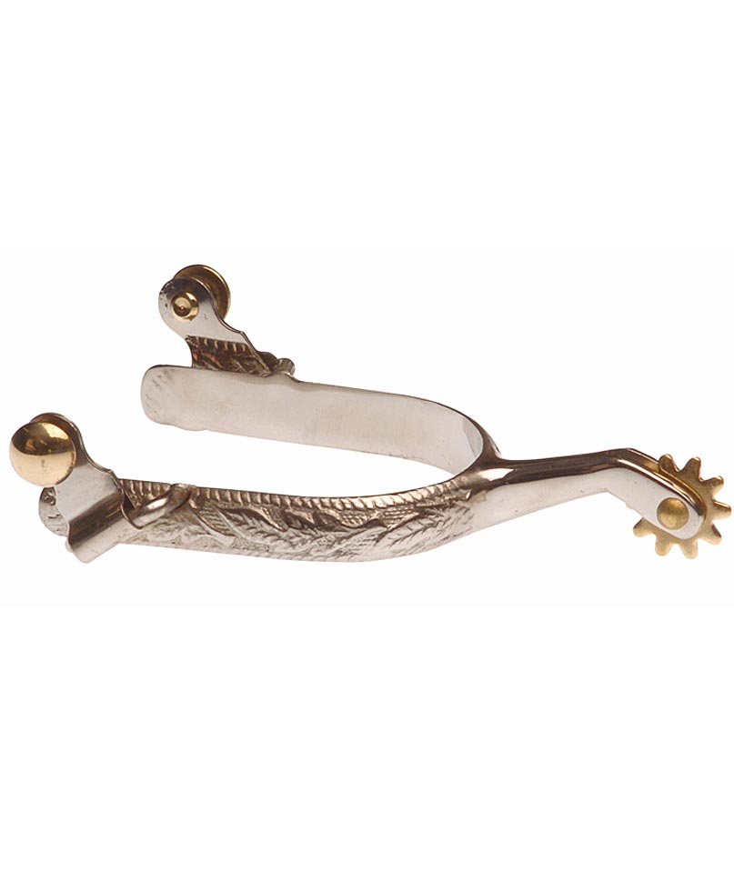 Speroni Western inox stretti per adulti con lavorazione flowers e rotella colore ottone