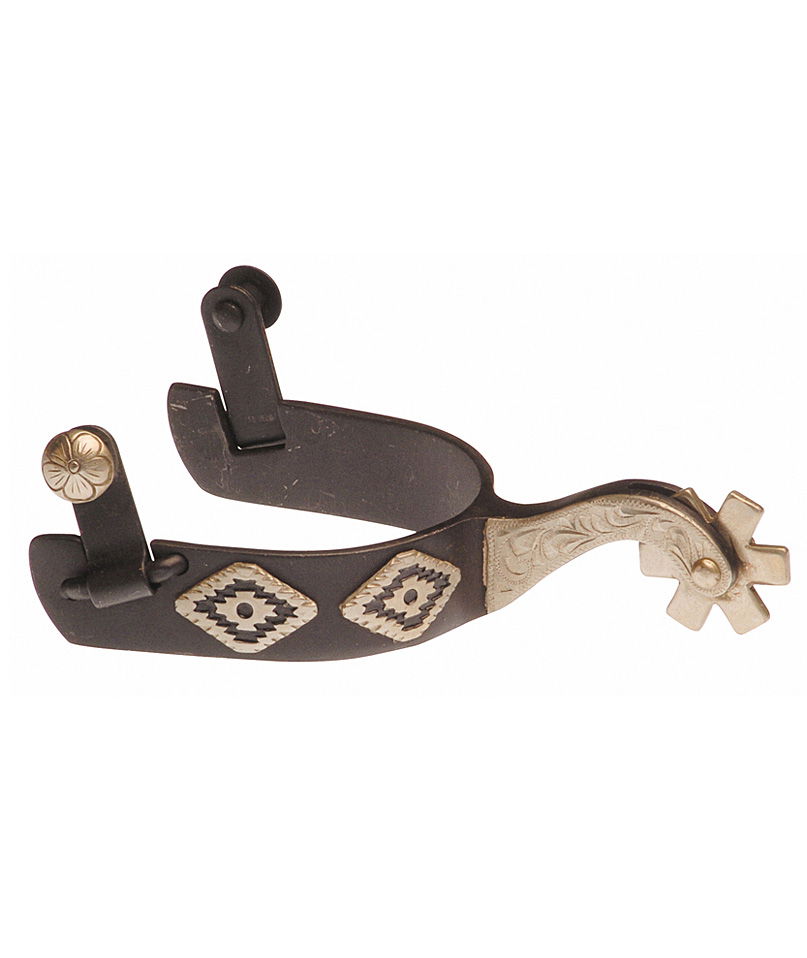 Speroni western in ferro brunito nero con decorazioni argento a rombi
