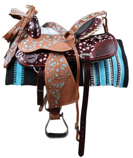 Sella western modello Big Elegance con decorazioni floreali rosa e azzurre