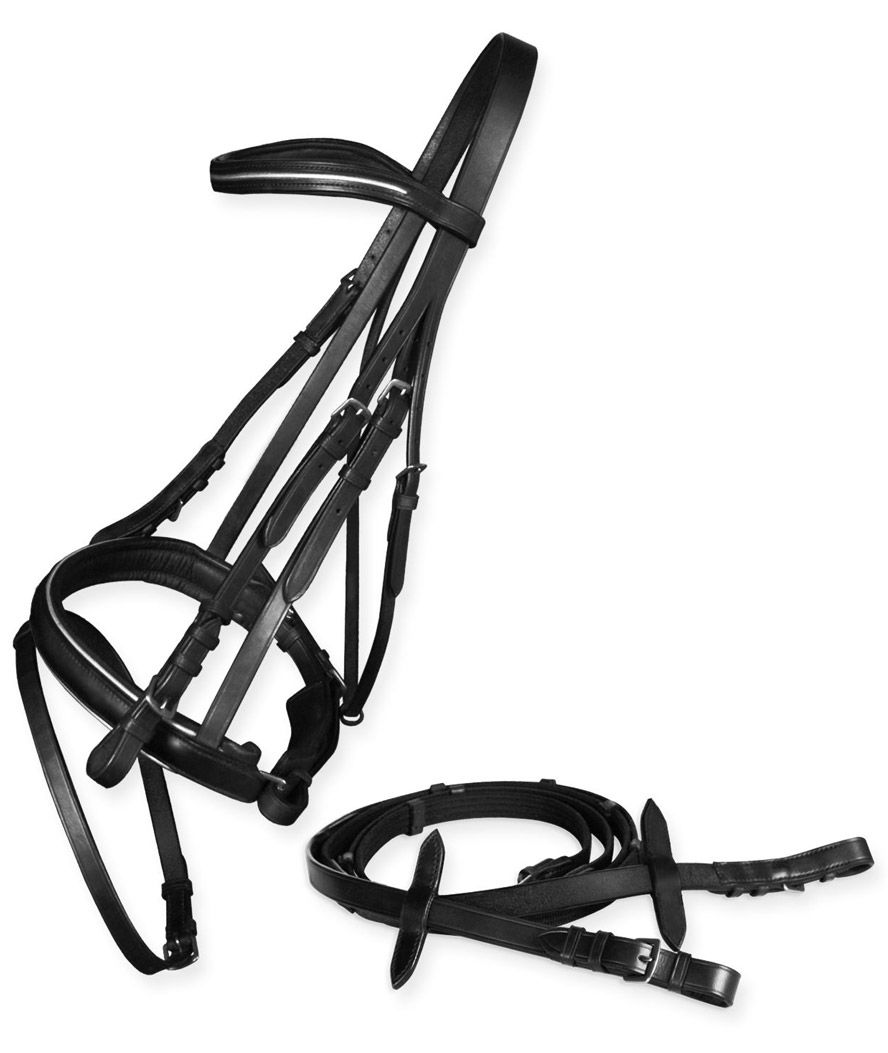 Briglia inglese in cuoio con inserti Silver laced su frontalino e capezza con redini in tela