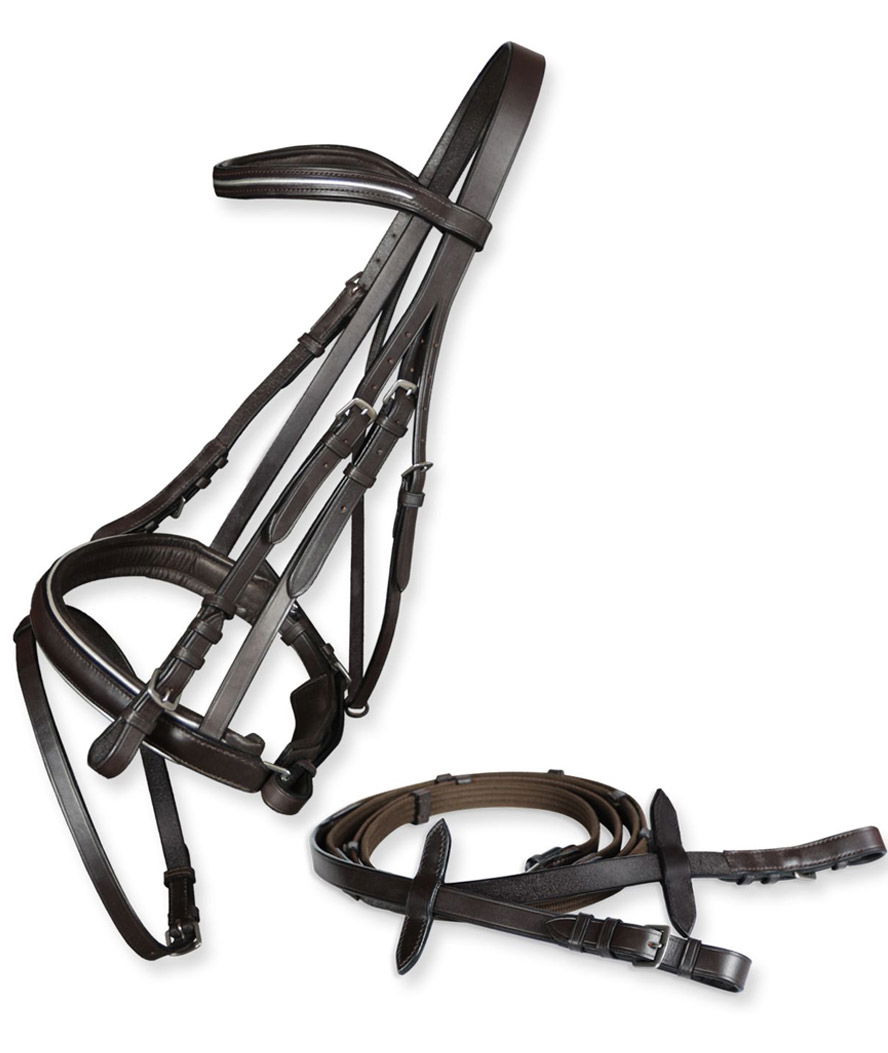 Briglia inglese in cuoio con inserti Silver laced su frontalino e capezza con redini in tela - foto 1