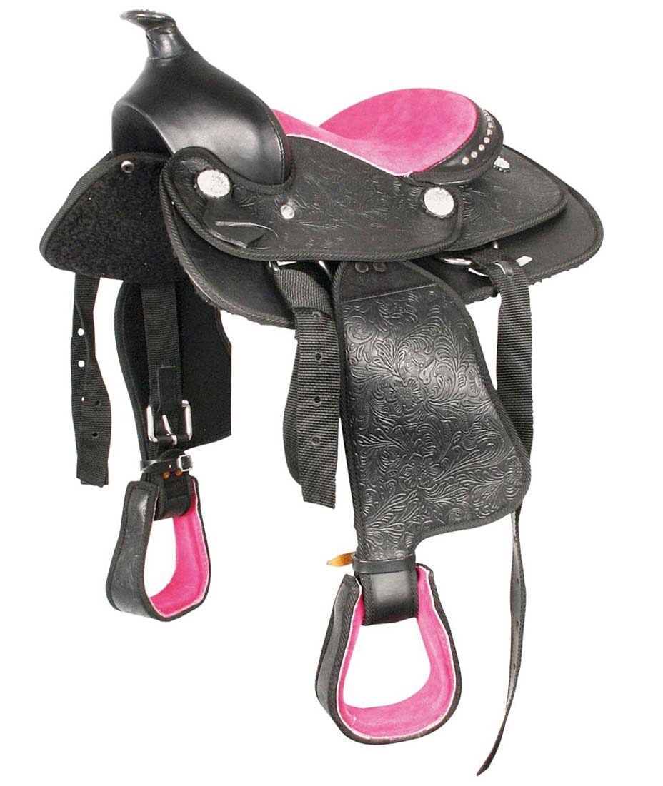 Sella western misura pony modello Think Pink con seggio scamosciato e lavorazione flower