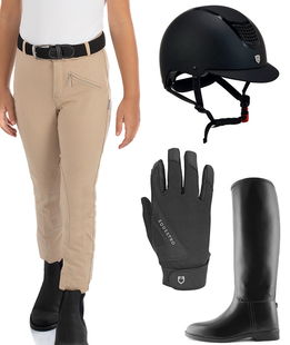 Set abbigliamento equitazione JUNIOR composto da pantalone, casco, guanti e stivali COLORI A SCELTA