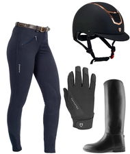 Set abbigliamento equitazione DONNA composto da pantalone, casco, guanti e stivali COLORI A SCELTA