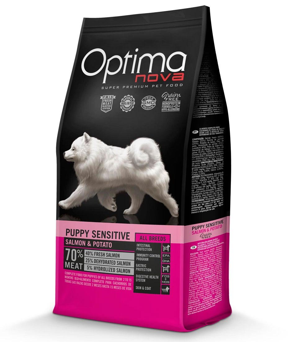 PROMOZIONE Optimanova Puppy & Junior sensitive salmone e patate Grain Free per cani 12 kg