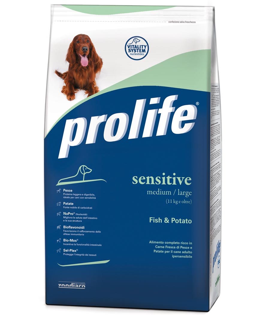 PROMOZIONE Prolife Sensitive Medium e Large Pesce e Patate grain free per cani 12 kg