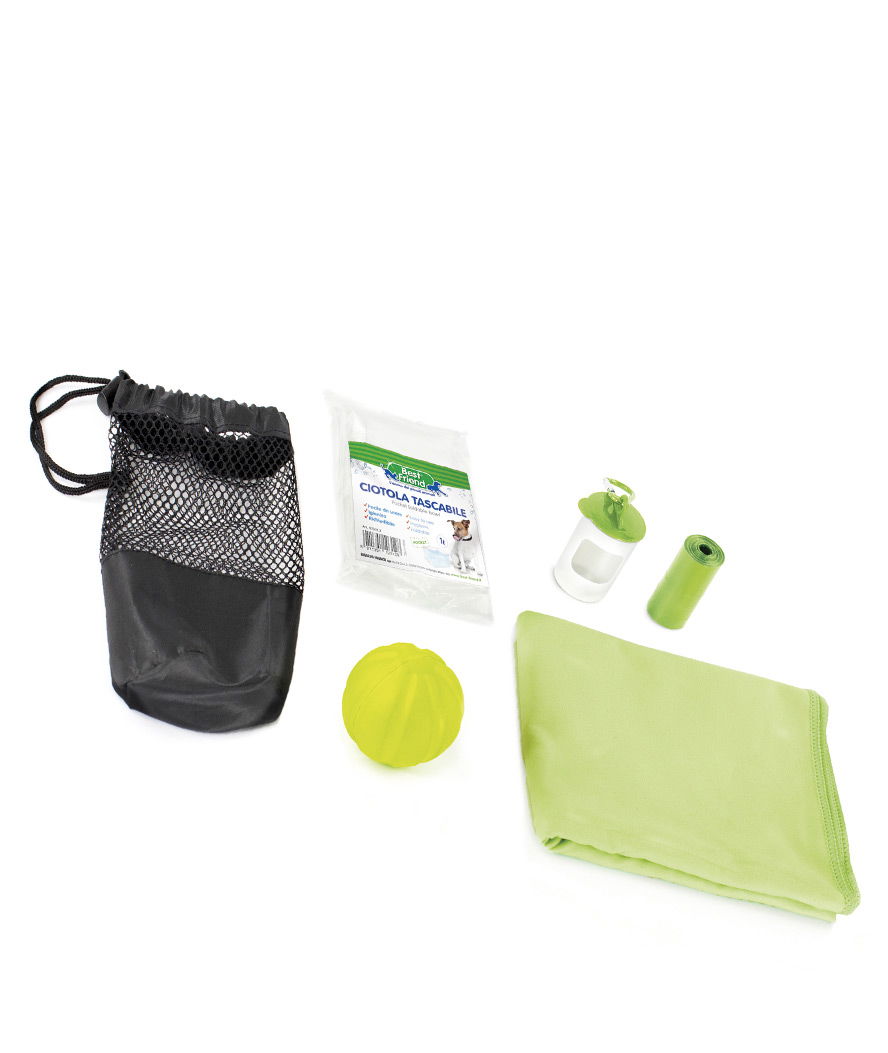 Kit contenente ciotola, palla, asciugamano, sacchettini igienici e dispenser modello Summer