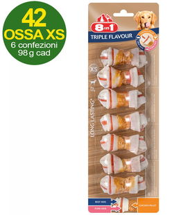 42 Ossa Triple Flavour taglia XS con triplo gusto pollo, manzo e maiale - OFFERTA RISPARMIO 6 confezione da 7 ossa cad.