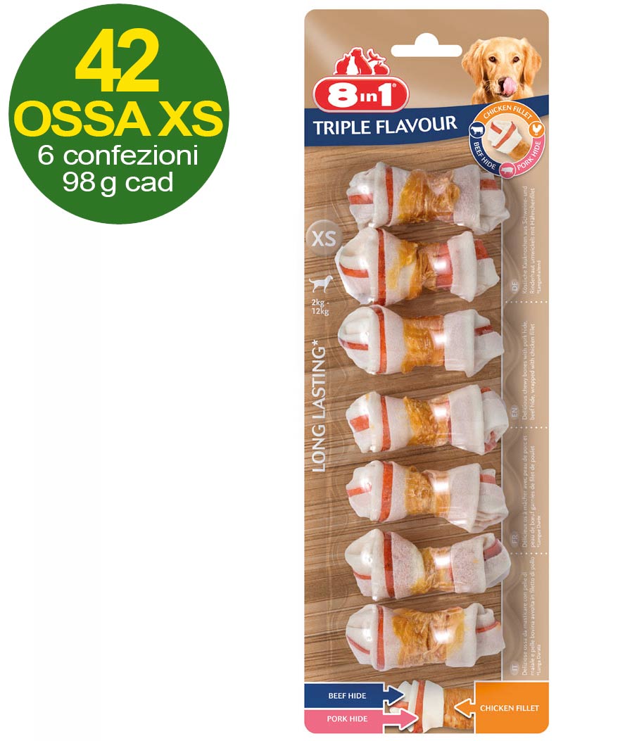 42 Ossa Triple Flavour taglia XS con triplo gusto pollo, manzo e maiale - OFFERTA RISPARMIO 6 confezioni da 7 ossa ciascuna