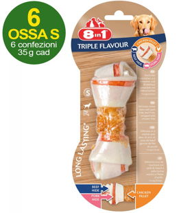 6 Ossa Triple Flavour taglia S con triplo gusto pollo manzo maiale - OFFERTA RISPARMIO 6 confezioni da 1 osso cad