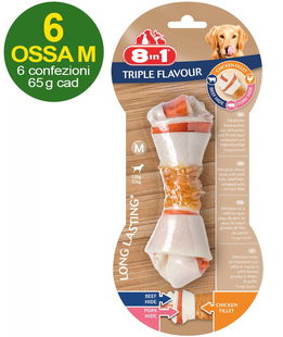 6 Ossa Triple Flavour taglia M con triplo gusto pollo, manzo e maiale - OFFERTA RISPARMIO 6 confezioni da 1 osso cad