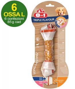 6 Ossa Triple Flavour taglia L con triplo gusto pollo, manzo e maiale Offerta risparmio 6 confezioni da 1 osso cad