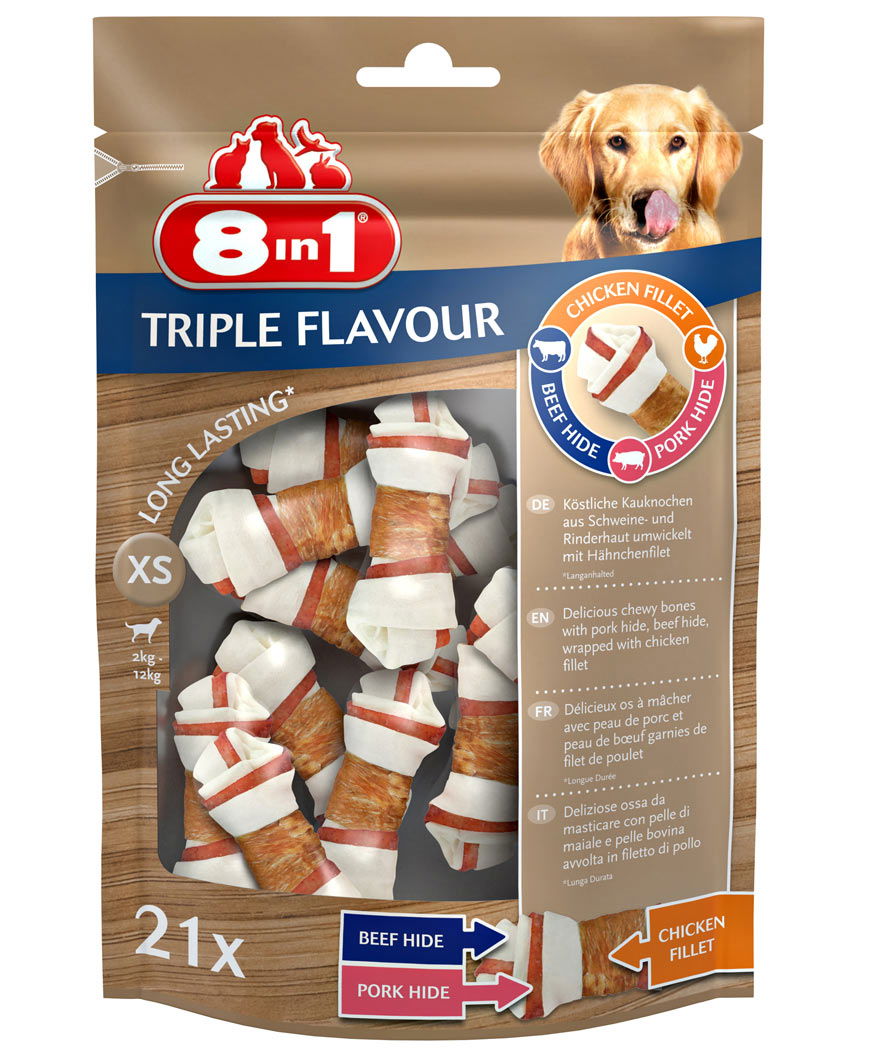 Ossa Triple Flavour taglia XS con triplo gusto pollo, manzo e maiale - OFFERTA RISPARMIO 4 confezioni da 21 osso cad