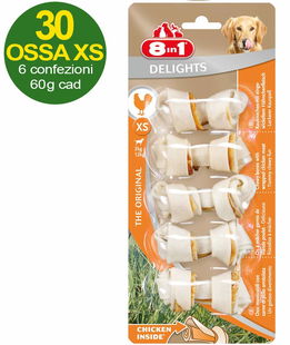 30 Ossa Delights taglia XS con carne di pollo offerta risparmio 6 confezioni da 5 ossa cad