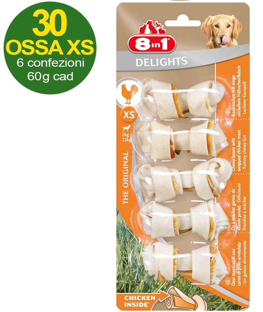 30 Ossa Delights taglia XS con carne di pollo - OFFERTA RISPARMIO 6 confezioni da 5 ossa ciascuna