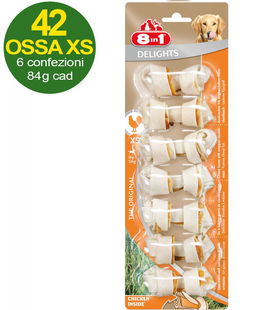 42 Ossa Delight taglia XS con carne di pollo offerta risparmio 6 confezione da 7 ossa cad