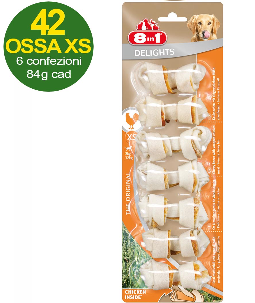 42 Ossa Delight taglia XS con carne di pollo - OFFERTA RISPARMIO 6 confezioni da 7 ossa ciascuna