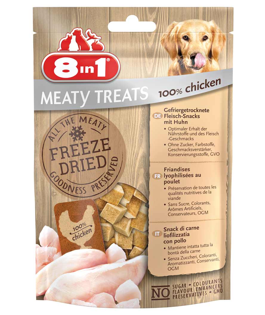 Meaty Treats Snack liofilizzati petto di pollo 8 confezioni da 50g ciascuna per cani
