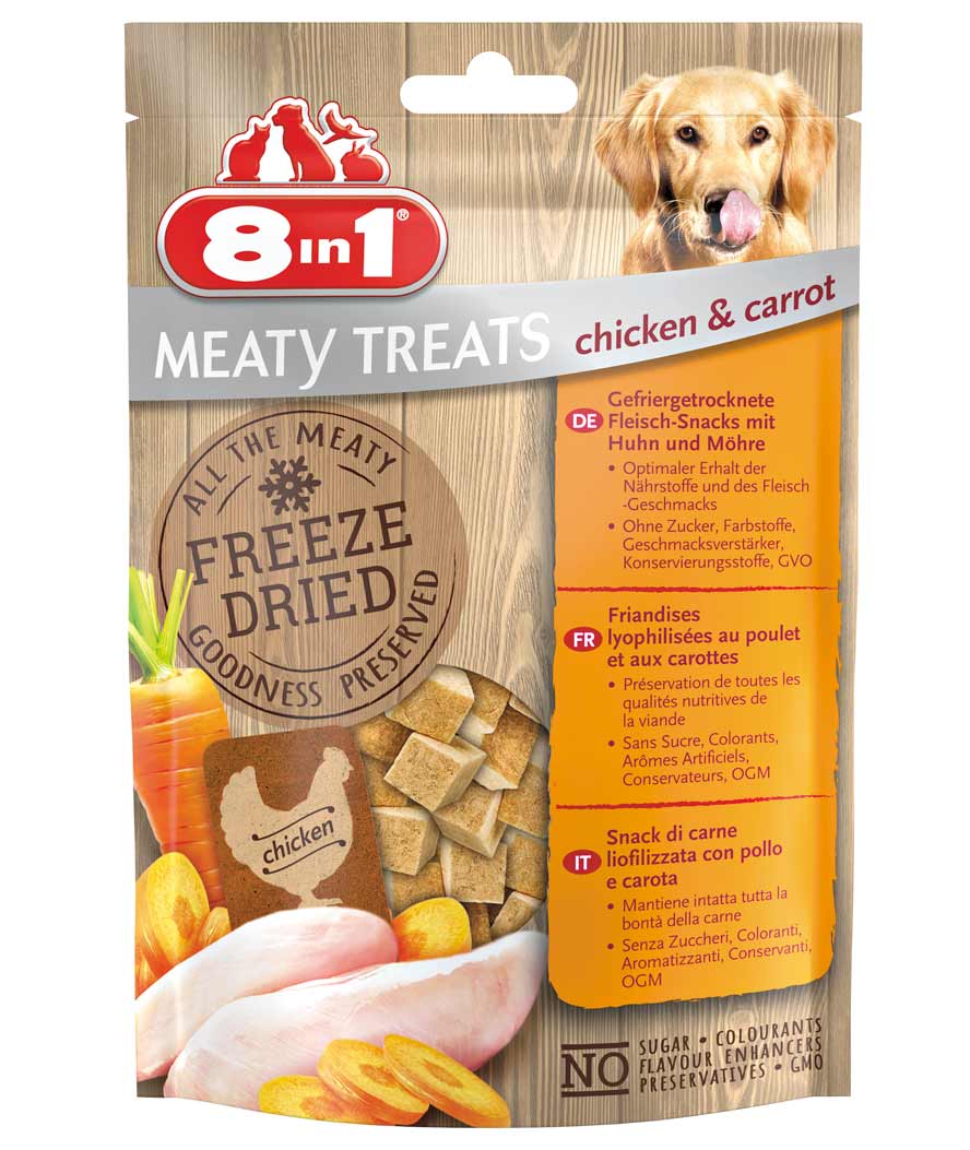 Meaty Treats Snack liofilizzati con pollo e carota 8 confezioni da 50g ciascuna per cani
