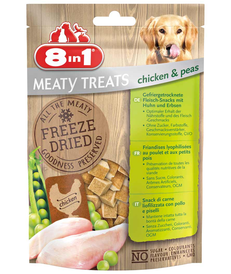 Meaty Treats Snack liofilizzati con pollo e piselli 8 confezioni da 50g ciascuna per cani
