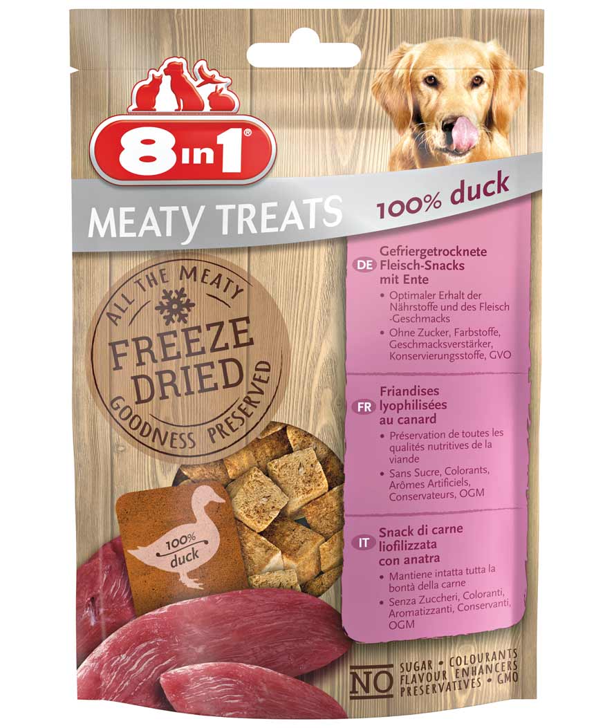 Meaty Treats Snack liofilizzati petto di anatra 8 confezioni da 50g ciascuna per cani
