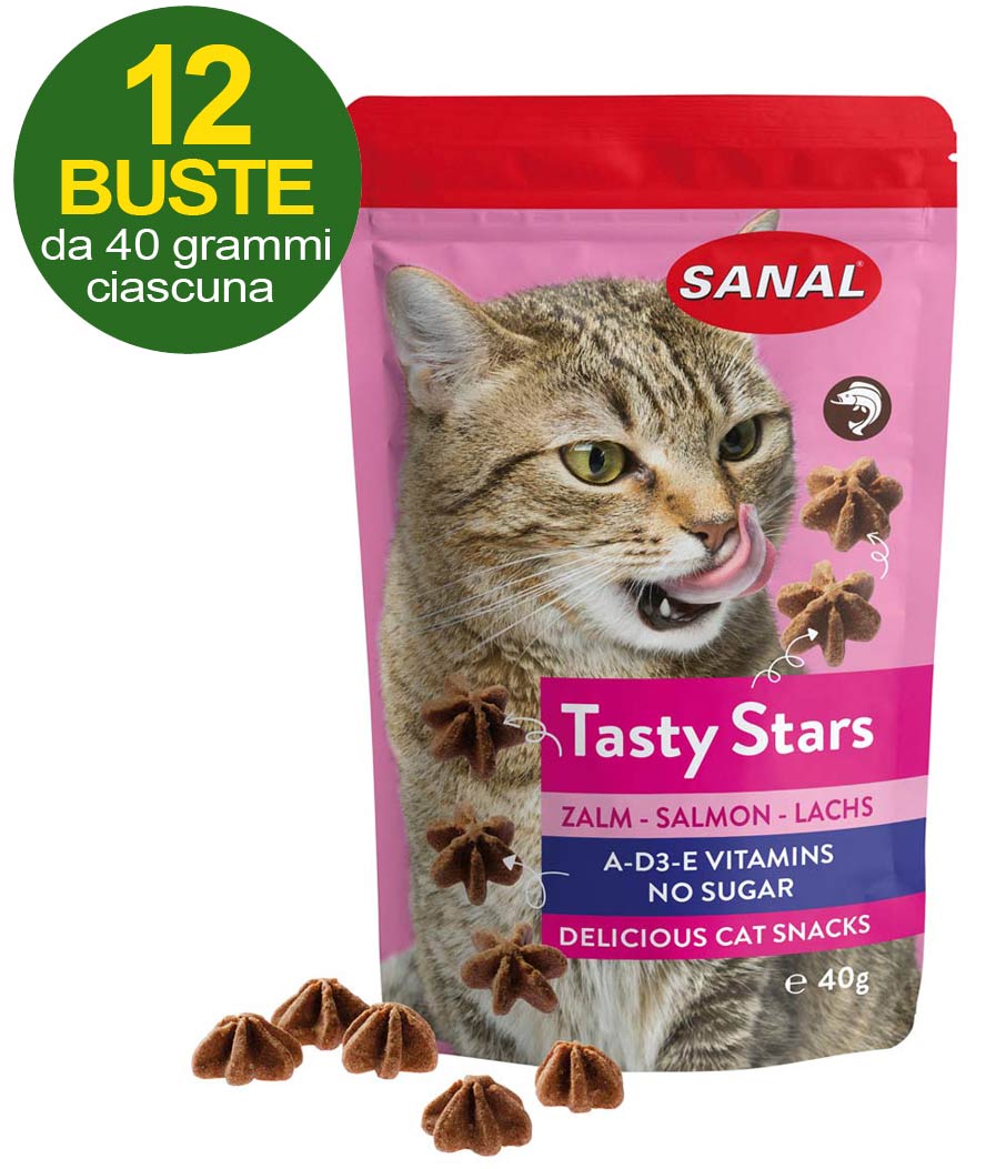 Snack Tasty Star al salmone ricco di vitamine per gatti 12 buste da 40g ciascuna